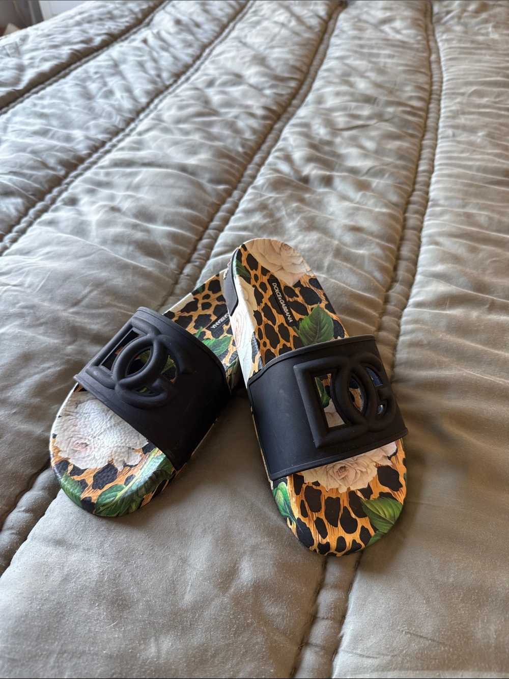 Dolce & Gabbana Black Slide Sandals with Floral Leopard Print